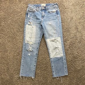 Patched high rise ankle straight jeans